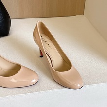 2612 High Heels French Round Head Shallow Mouth Lacquer Leather Simple Professional Commuter Red Bottom Versatile Thin Heels Single Shoes for Women