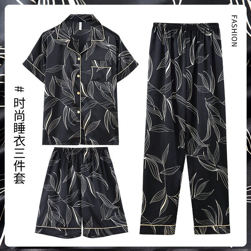 Pijamas de los hombres de verano de seda de hielo de manga corta de tres piezas traje de alta calidad de seda real japonés ins carta simple ropa para el hogar