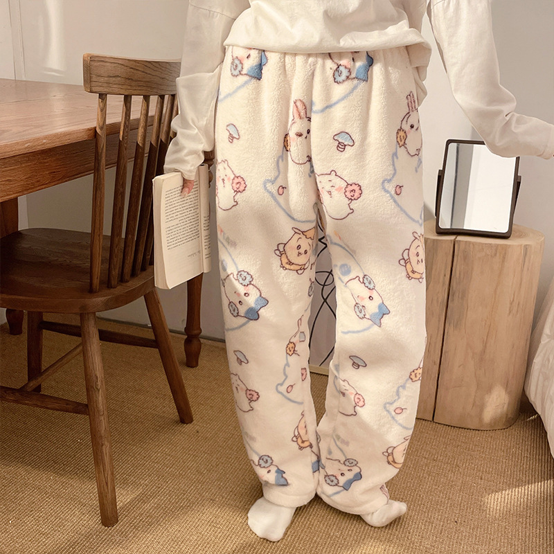 Pantalones de pijama de franela de dibujos animados de otoño y invierno para mujeres con pantalones de lana de coral caliente para estudiantes de lana de invierno para el hogar