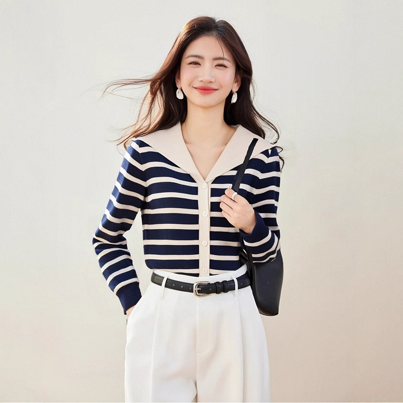 Blue Stripesd Navy Collar Knitted Cardigan for Women 2025 Autumn and Winter New Design Niche Early Autumn Thin Outwear Short Top