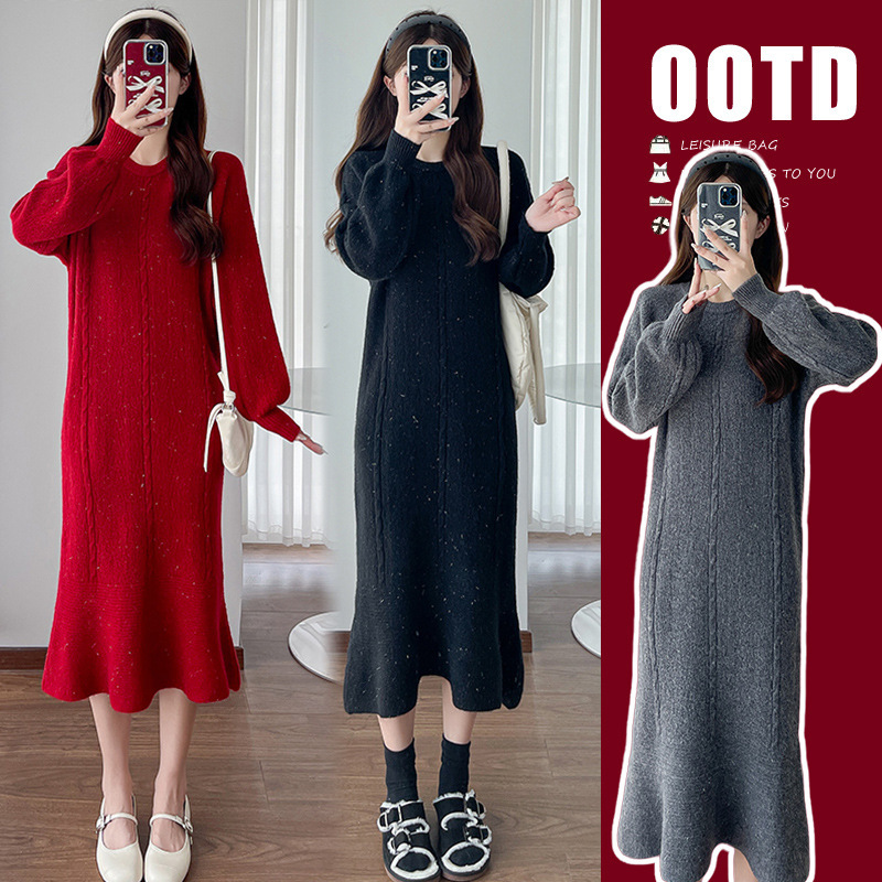 2025 New Maternity Wear Autumn and Winter Gold Ruffled Hem Knitted Sweater Dress