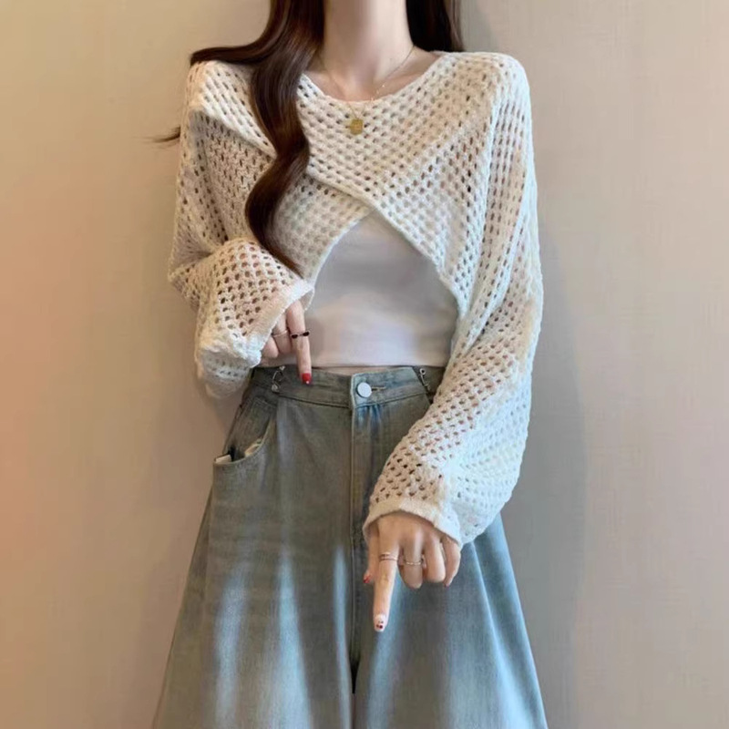 Korean-style irregular hollowed-out cross-strap knitted shawl for women, new summer mesh cover-up, loose and slimming outer top