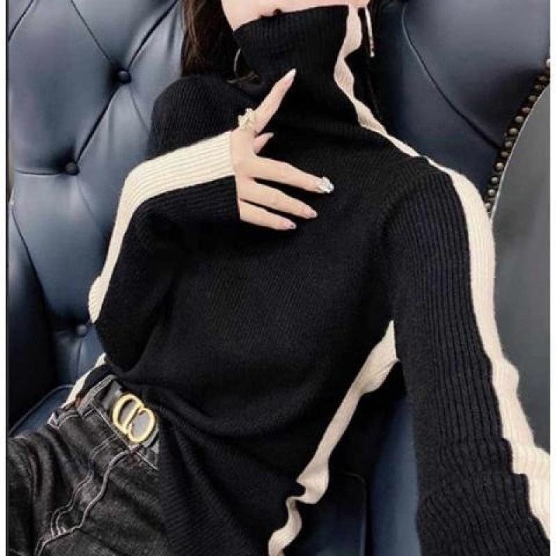 2025冬季韩版修身毛衣领打底衫档拼色长袖针织打底衫上衣女潮