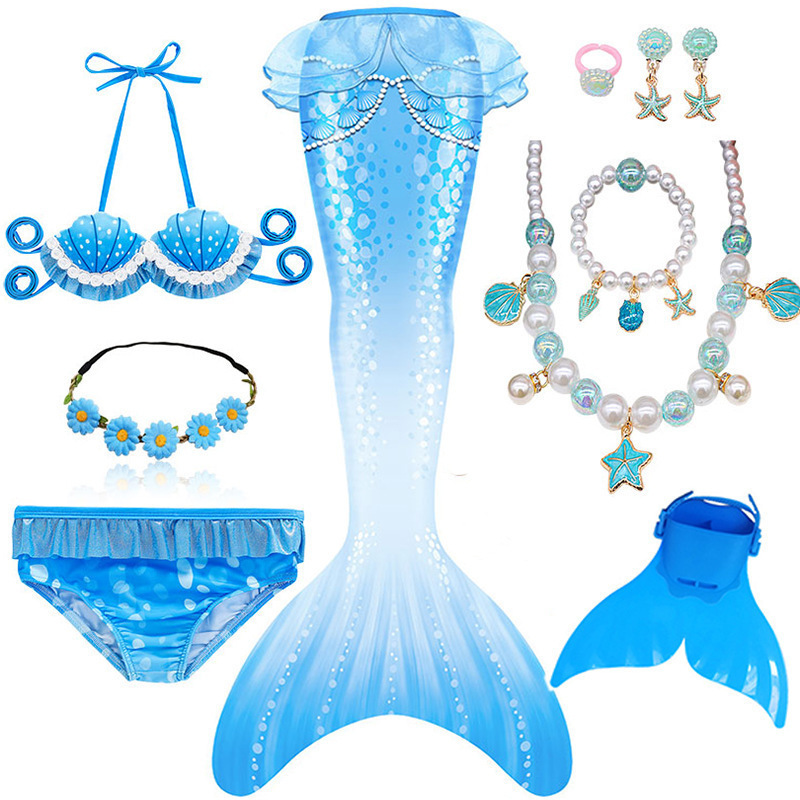 오션블루 쓰리피스 세트 + 오리발 + 헤어 액세서리 + 목걸이 5종 세트