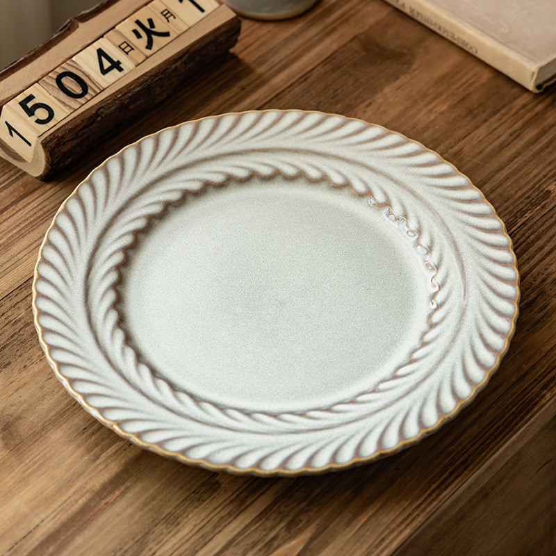 Platos de espigas de trigo en relieve platos de cerámica domésticos platos de restaurantes japoneses retro platos de pasta platos platos redondos al por mayor