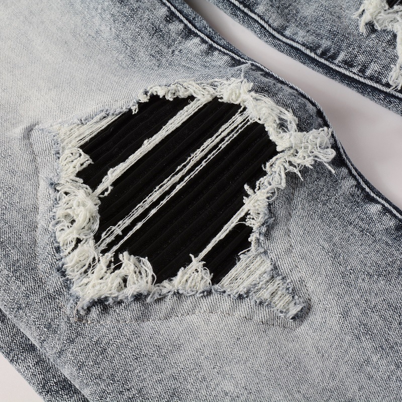Vêtements pour hommes dans le même style moustaches de chat froissées patchwork noir trous en cuir élastique slim fit jeans skinny jeans_voghion.com
