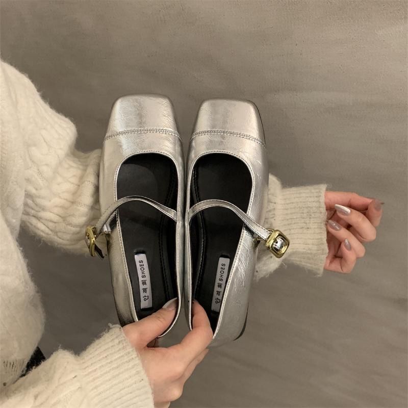 Spring 2024 New silver Mary Jane Shoes Shallow Mouth Flat Shoes French Evening Style Single Shoes Women's Shoes