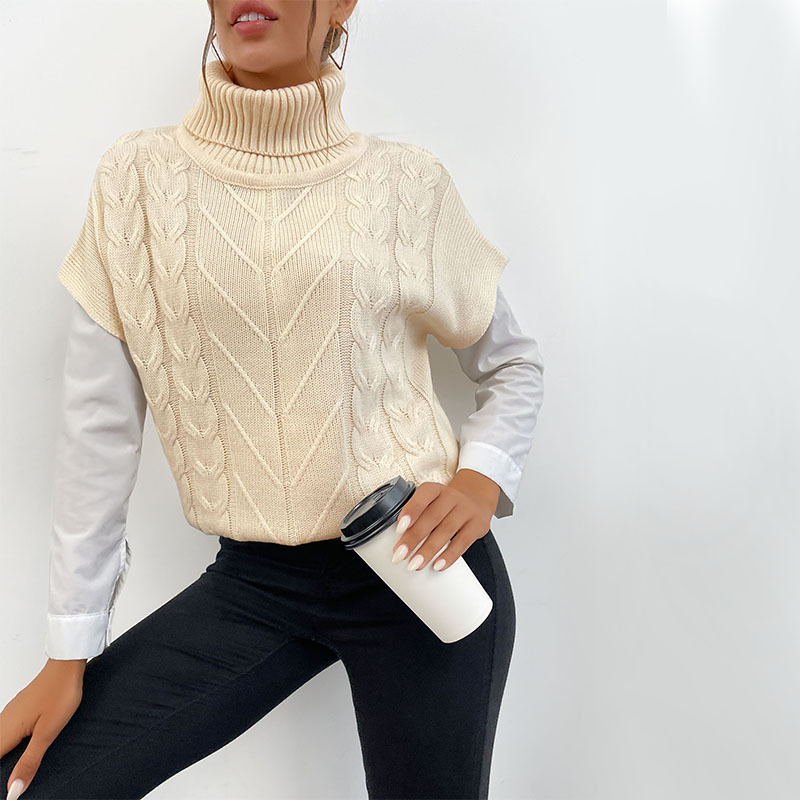 Solid Color Knitted Twist Turtleneck Short Sleeves Sweater Pullover_voghion.com