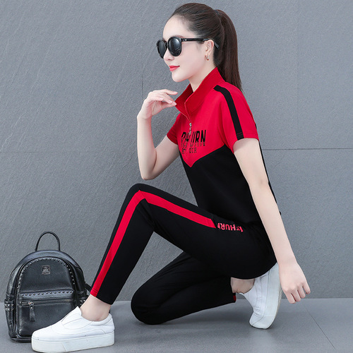 Women's Summer Sportswear Set  New Short Sleeve Long Pants Casual Fashion Plus Size Running Hoodie Two-Piece Set