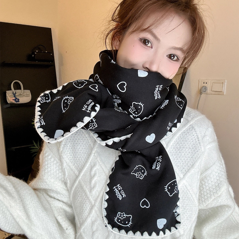 韩版可爱猫咪爱心印花针织围巾女冬季2025新款氛围感保暖护颈围脖|undefined