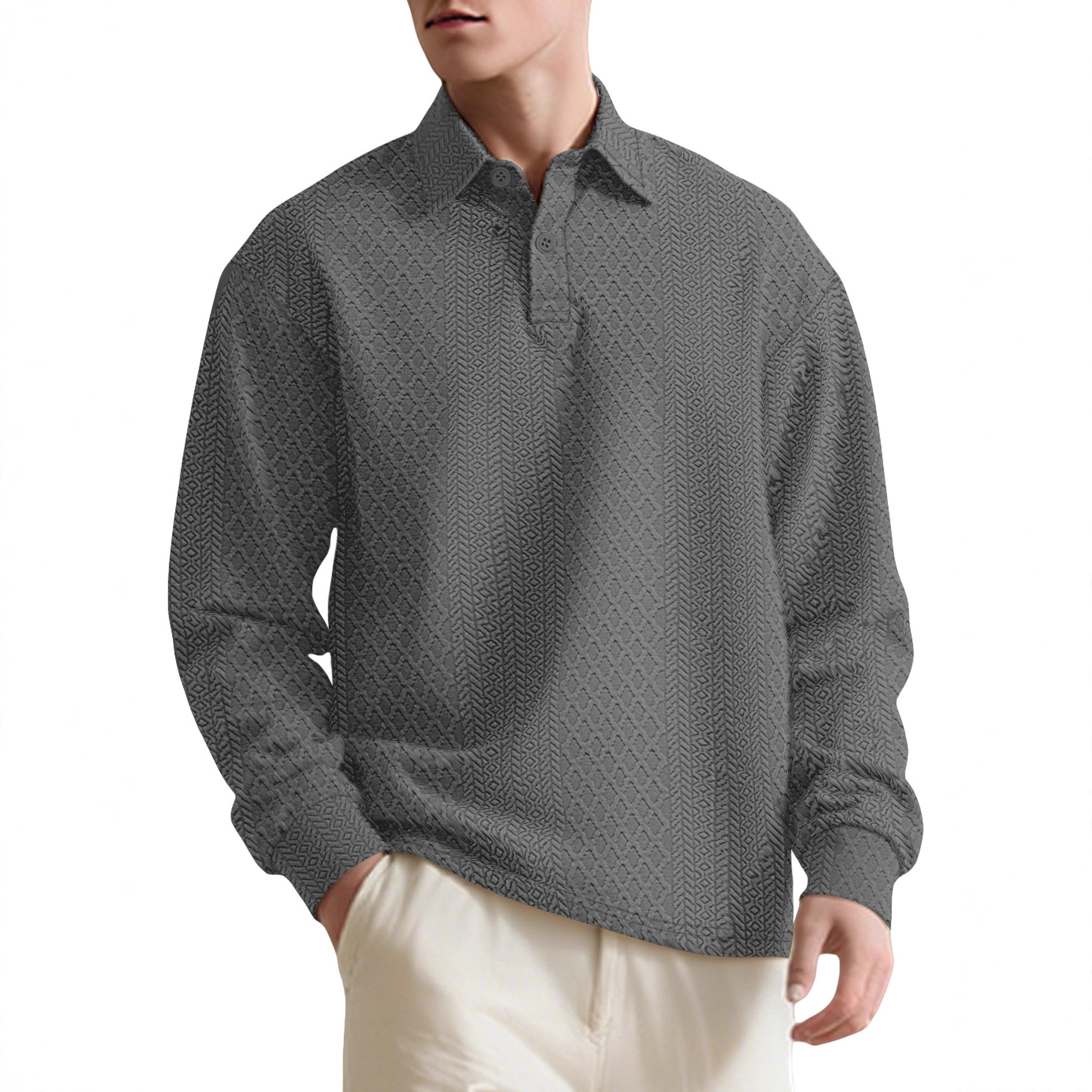 26 Cross-Border European And American Men's Textured Jacquard Solid Color Button New Polo Shirt Turn-Down Collar_voghion.com