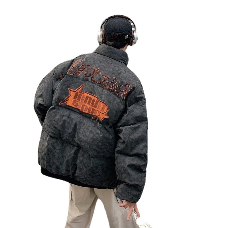 Estilo americano retro pareja suelta marca de moda pan abrigo de algodón acolchado de los hombres de la calle hip hop abrigo de algodón acolchado bordado de invierno