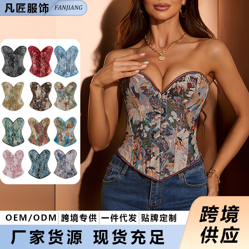 Cross-border Explosions Corset Top Monet Oil Painting Vintage Fishbone Brassiere Tight Gather Court Shaping Top
