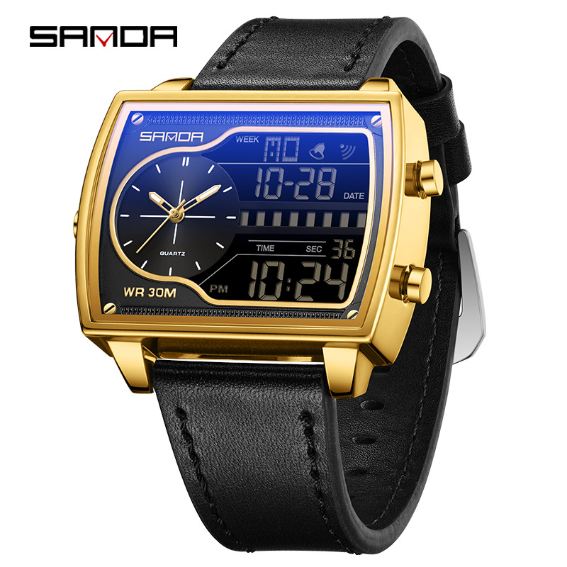 SANDA SANDA 6163 nuevo reloj electrónico de moda doble pantalla multifuncional reloj de hombre impermeable calendario de luz nocturna reloj de hombre