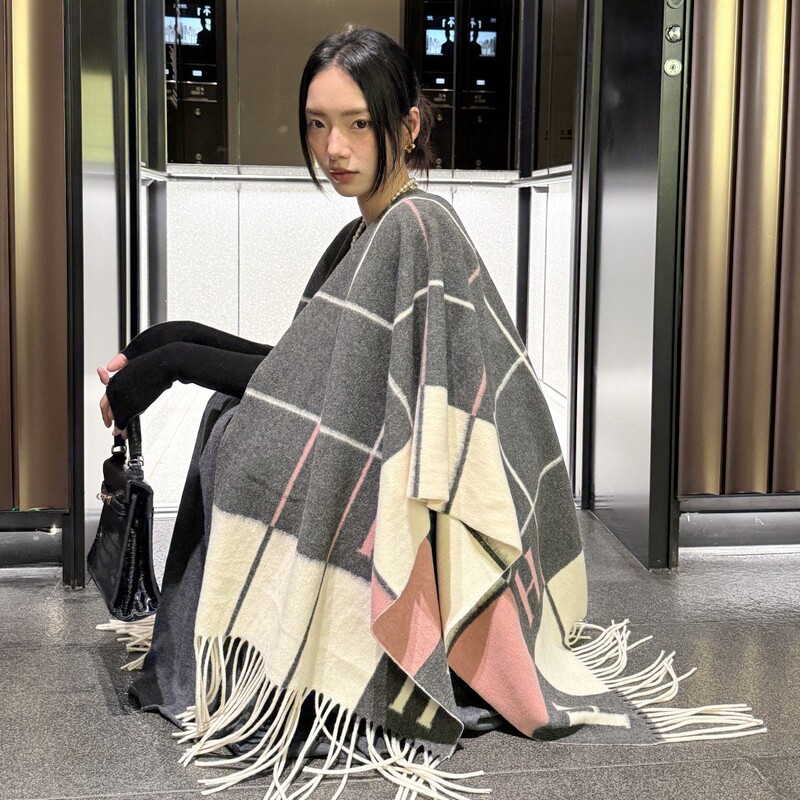 仿羊绒格子披肩女秋冬季超大加厚斗篷外套旅游空调房开叉披风毛毯|undefined