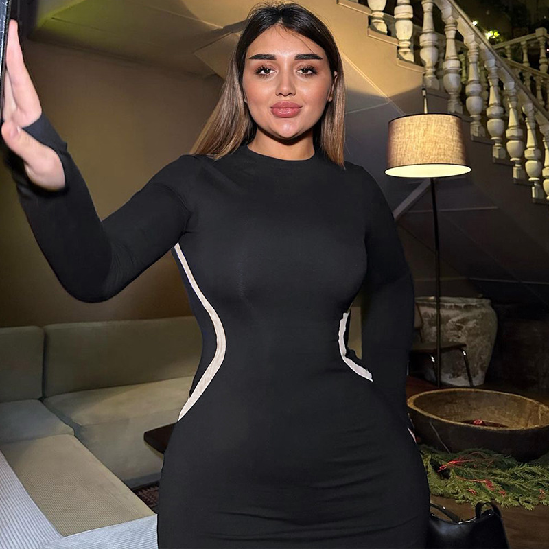 Women's fashion solid color slim round neck long sleeve finger set dress_voghion.com