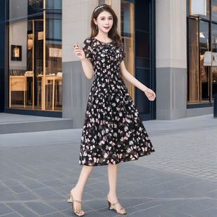 Floral Popular Dress 2025 New Fake 2-Piece Short-Sleeved Splicing Slimming Look and Age-Reducing Mother's Mid-Length Skirt