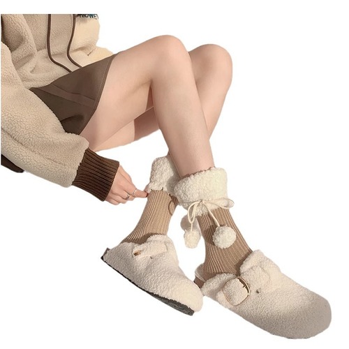 Autumn and winter soft and waxy lamb velvet lace fur ball socks Lolita girl mid-calf bow socks warm pile socks