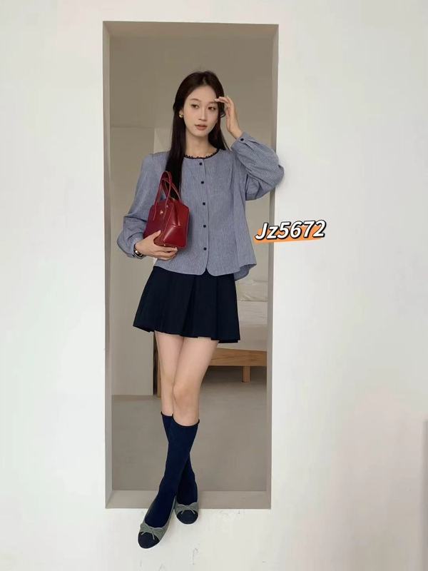 条纹长袖衬衫 日系森女系花边圆领单排扣气质显瘦洋气小衫女|undefined