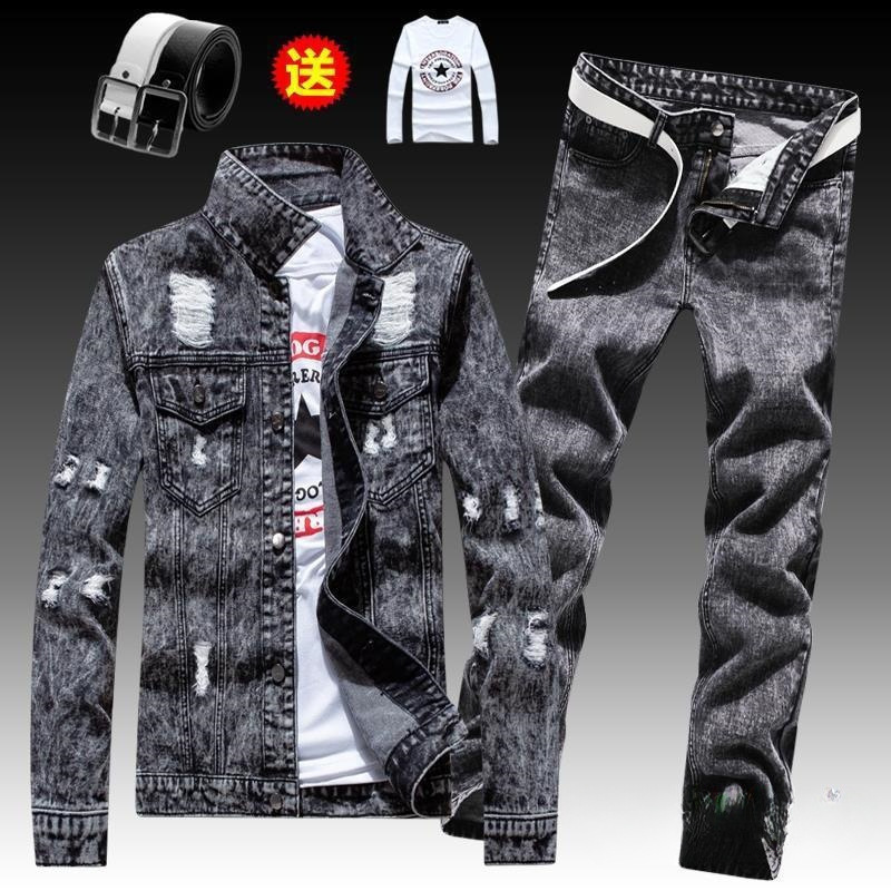 Spring and Autumn Men's Denim Jacket with Long Pants Set Korean Style Trendy Stylish Clothes Jacket Men Free Shipping Spring and Autumn Men's Denim Jacket with Long Pants Set Korean Style Trendy Stylish Clothes Jacket Men Free Shipping
