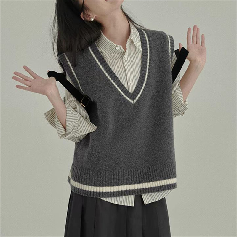 24 Dongpuyuan nuevo estilo de estilo universitario chaleco de punto suelto de primavera y otoño para mujeres collar en V