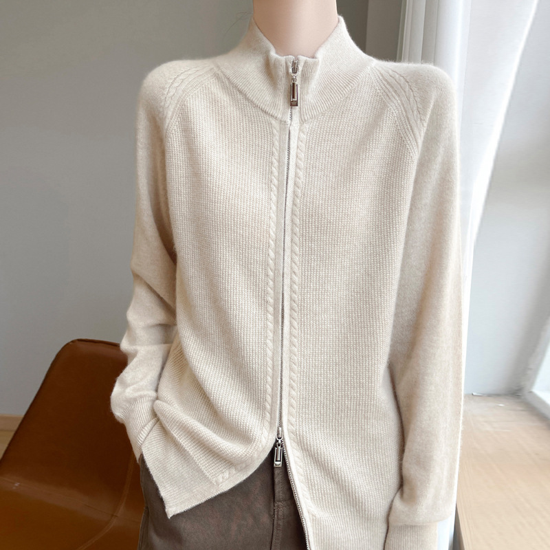 Autumn and Winter Stand-Up Collar Cashmere Wool Knitted Cardigan Women's Jacket Knitted Jacket Long-Sleeved Double Zipper Warm Sweater Outer Wear Autumn and Winter Stand-Up Collar Cashmere Wool Knitted Cardigan Women's Jacket Knitted Jacket Long-Sleeved Double Zipper Warm Sweater Outer Wear
