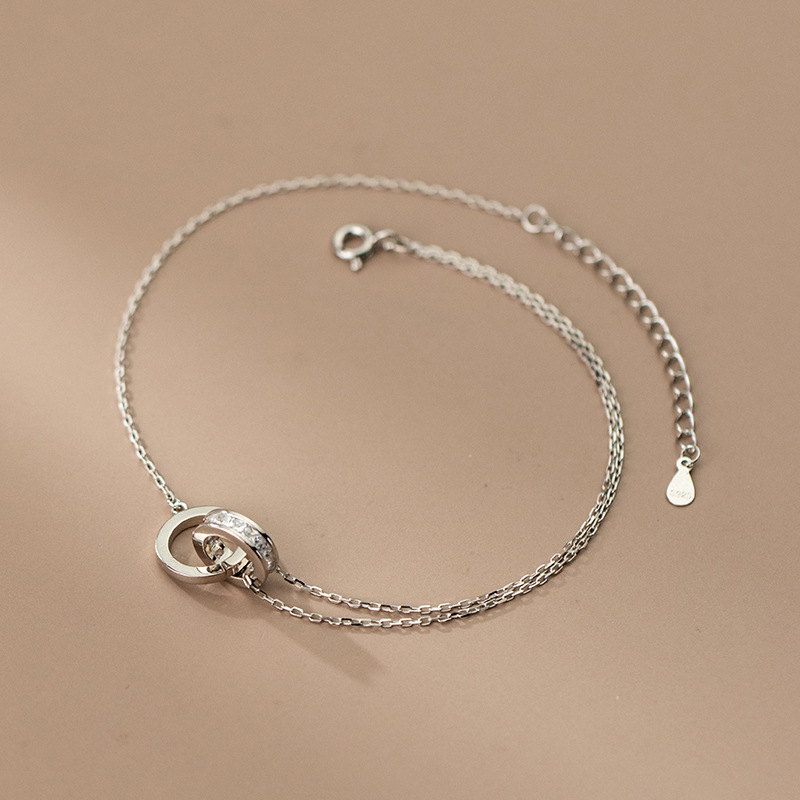 Eloch s925 plata de diamantes de doble anillo pulsera coreana pequeña fresca simple ajustable joyas de pie de mujer S4754