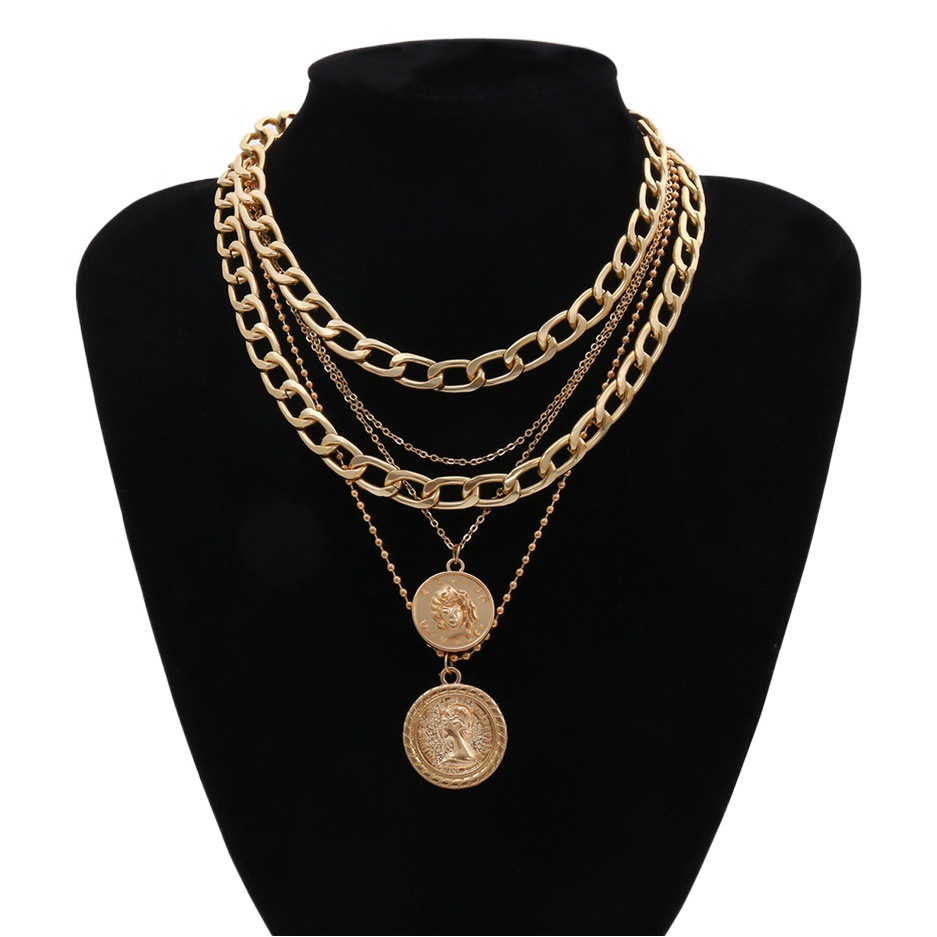European and American alloy necklace multi-layer round double-sided human head hip-hop pendant necklace women's clavicle chain necklace