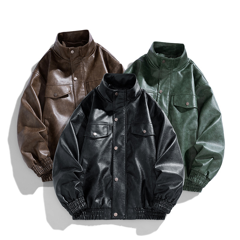Transfronterizos de tendencia de moda de gran tamaño, abrigo de cuello vertical, comercio exterior de primavera y otoño, nuevo tipo suelto de chaqueta de cuero para hombres.