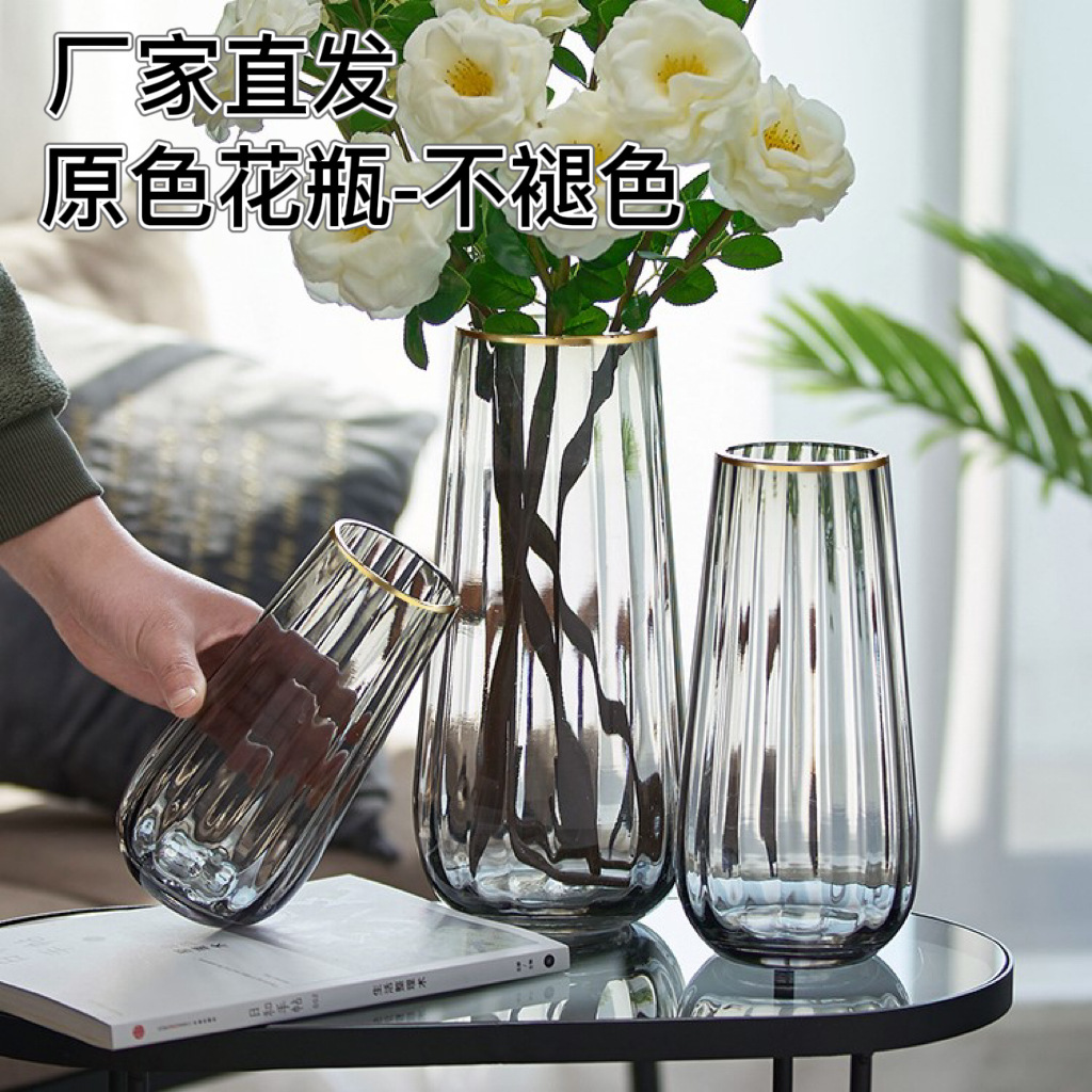 Zeyan Nordic Light Luxury Gold-Edged Oval Glass Vase for Hydroponic Flowers—Featuring Lucky Bamboo and Lilies, Perfect as a Living Room Decorative Piece