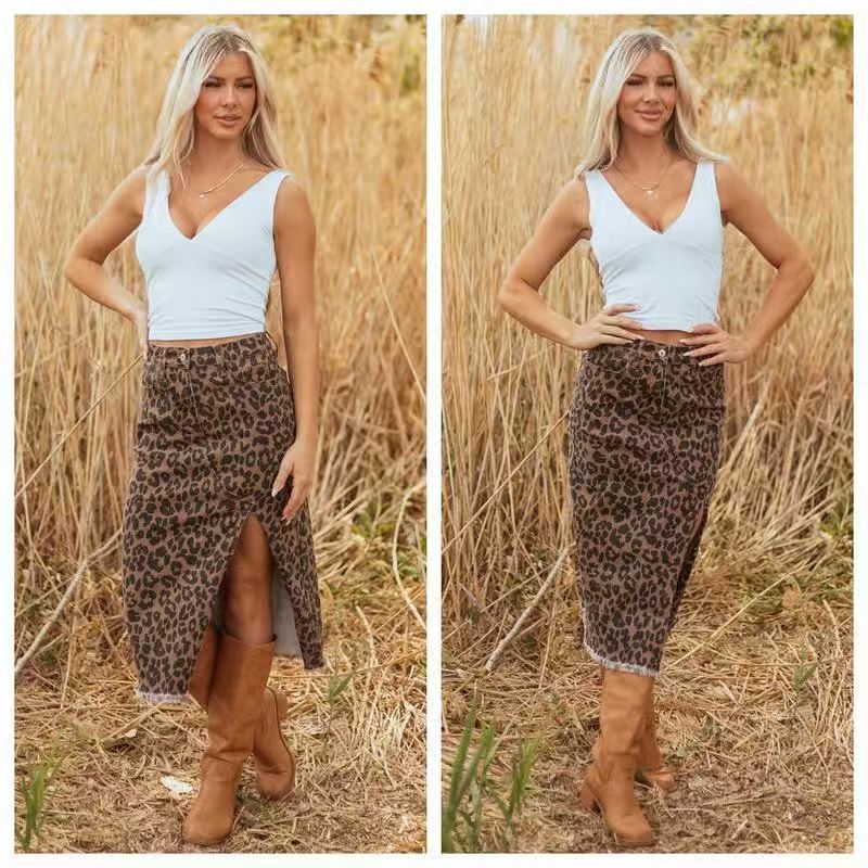 豹纹半身裙女2025欧美秋冬新款中长款高腰显瘦直筒开叉a字包臀裙