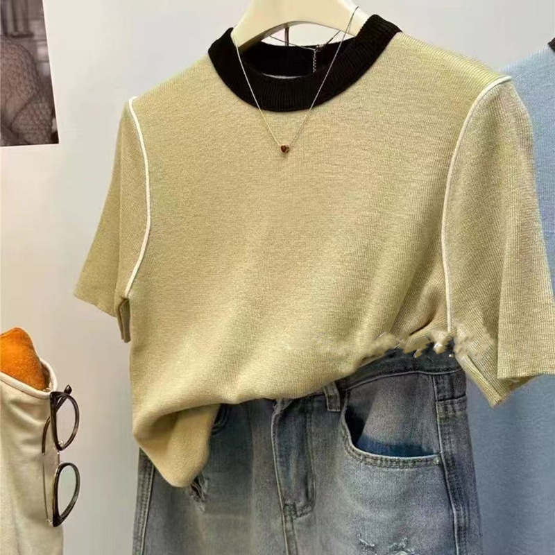 2025 estilo occidental de verano con camisa de fondo delgada y delgada, cuello redondo de color de contraste coreano, suéter de manga corta de todo fósforo para mujer image 4