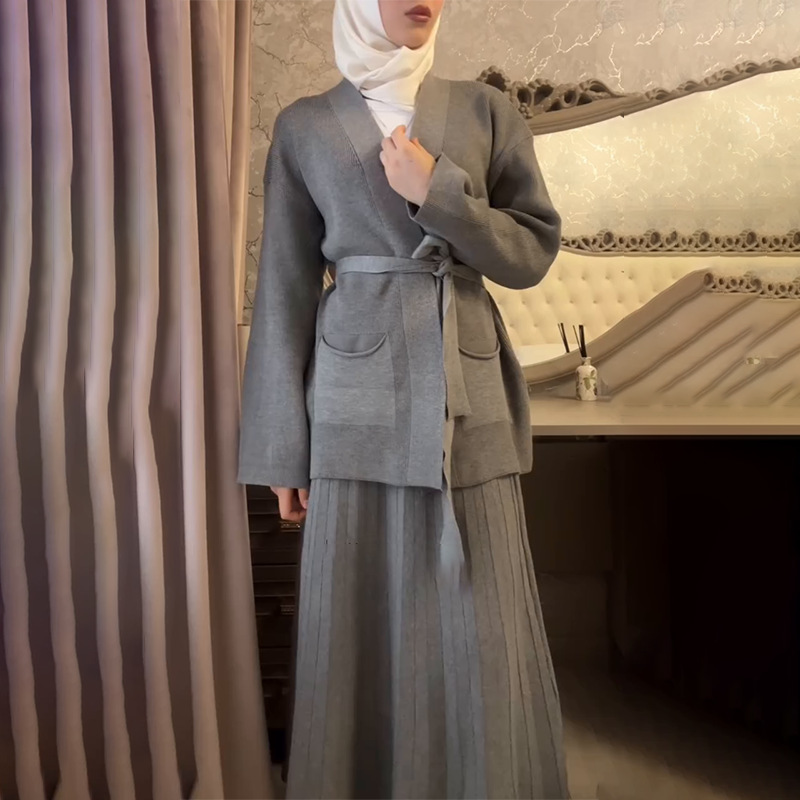 欧美跨境外贸2025春季宽松绑带口袋V领开衫外套舒适半身裙套装女|undefined