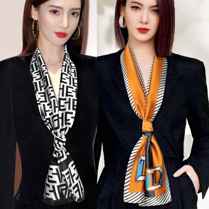 Silk scarf small strip new 2022 popular spring and autumn belt neck strap Korean thin tie bag black and white hair band