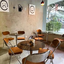 网红复古不锈钢折叠椅工业风钢化玻璃餐桌咖啡厅商用餐厅桌椅组合