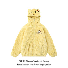 美式学院风个性奶呼呼猫咪字母刺绣羊羔毛可爱加厚外套女宽松棉服