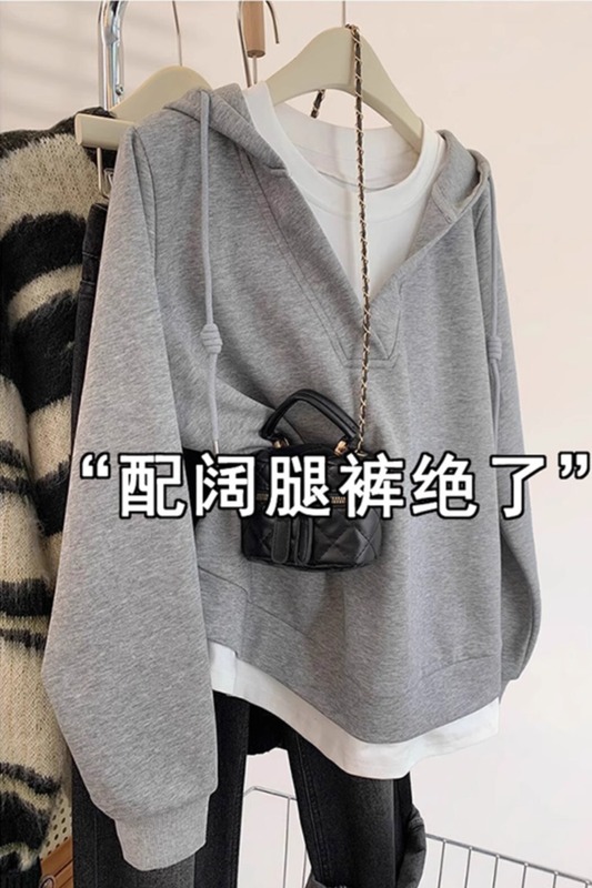 美式慵懒假两件拼接连帽卫衣女早秋穿搭宽松休闲百搭时尚外套上衣|undefined