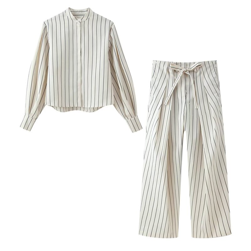 2026 New Spring Fashion Cross-Border Women's Clothing Set: Puffy Sleeve Striped Shirt and Pleated Pants Two-Piece Set