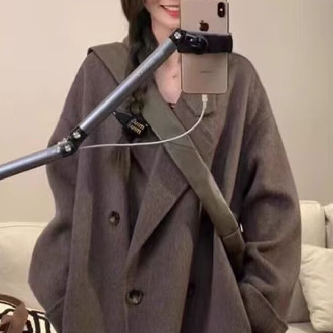 双面毛绒灰色毛呢子大衣女秋冬新款羊中长外套小个子加厚大码