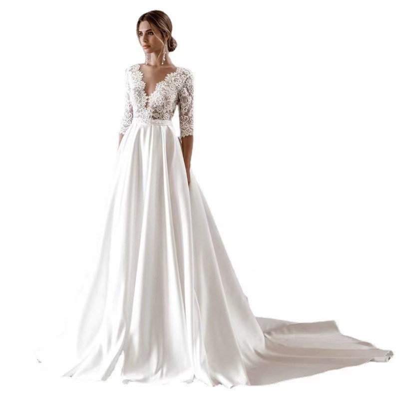 El Comercio exterior europeo y americano Amazon AliExpress desea nuevo vestido de novia de encaje con cuello en V sexy para adelgazar vestido de novia largo