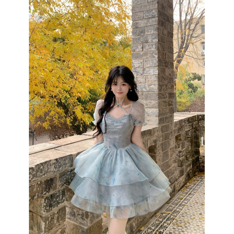 法式甜美收腰显瘦设计感泡泡袖公主蓬蓬裙女学生夏季新款遮肉短裙