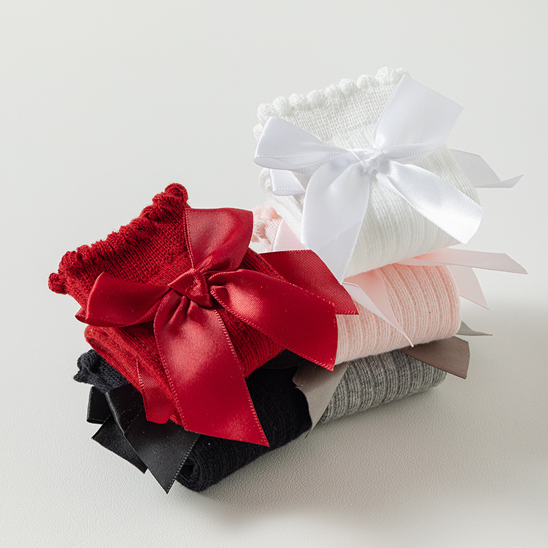 Abbigliamento per bambini Calzini per bambini Calzini lunghi stile primavera e autunno Calzini per neonati Calzini in cotone per bambine con fiocco in stile principessa_voghion.com