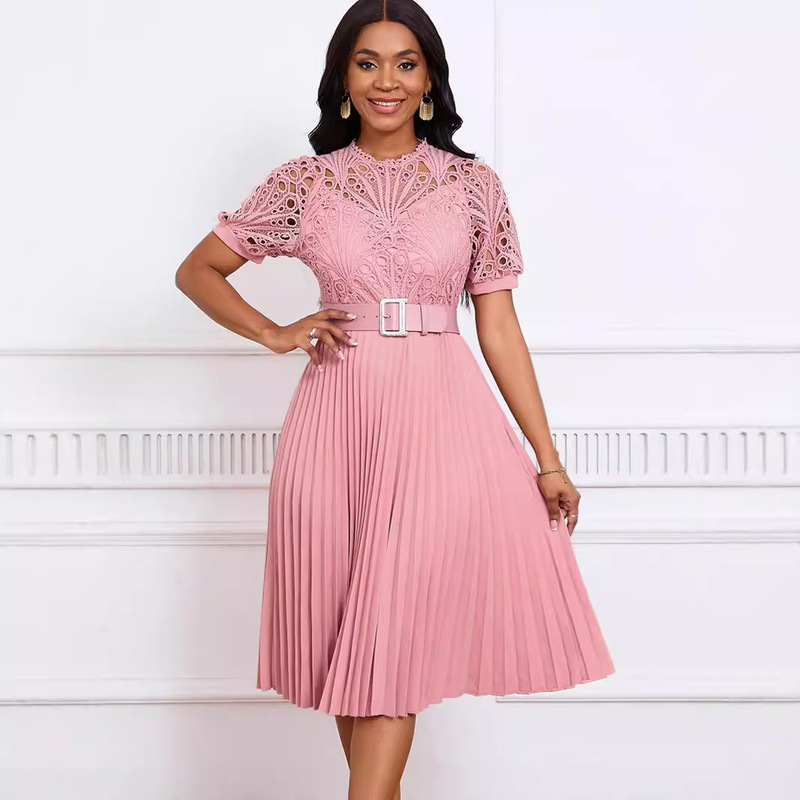 European and American Women's New Short-sleeved Lace Stitching Pleated African dress Cross-border Dress Fashion Elegant