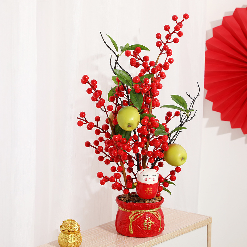 創意的なお祝いの福袋の花瓶のお正月の花のシミュレーションの花の金持ちになるザクロの果実の置物の新春の家の装飾の抱っこの桶|undefined