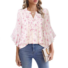 亚马逊欧美荷叶七分袖粉色碎花宽松V领商务衬衫雪纺女装荷叶边