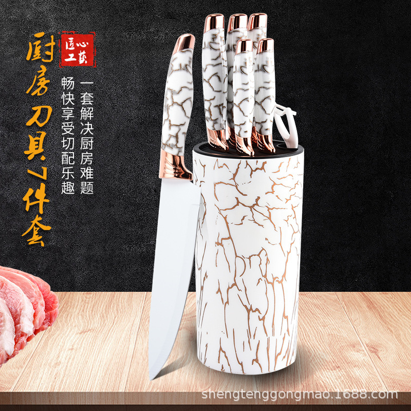 Acero inoxidable transfronterizo doble cabeza galvanizada de mármol mango redondo asiento con melón planado conjunto de utensilios de cocina