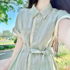 夏の新しいフレンチスイート気質グリーンシャツカラードレス女性のウエスト痩身ハイエンドスカート