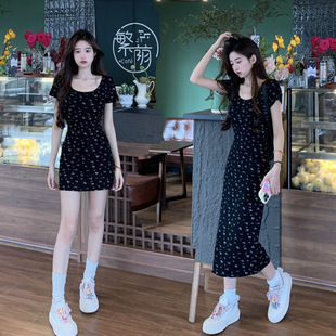 French Sweet Hottie Floral Short-Sleeved Knitted Dress for Women in Summer, Waist Slimming, Tight-Fitting, Hip-Hugging Long Skirt for Small People