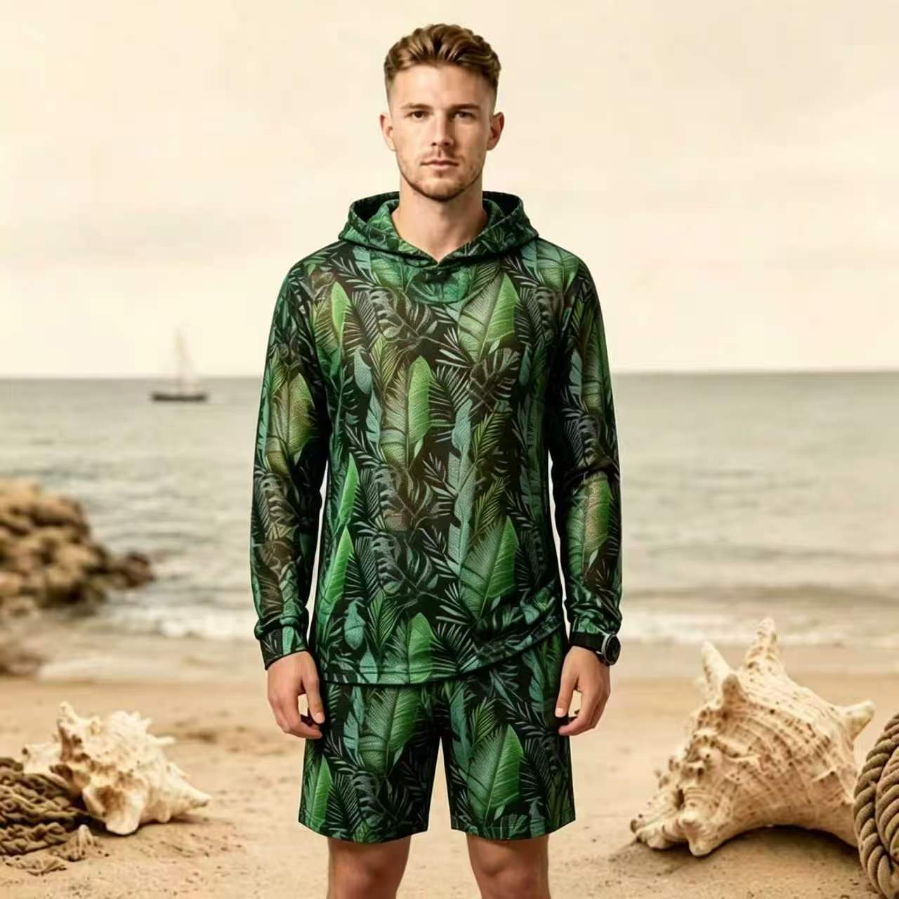 European and American men's plant-print hooded long-sleeve surfing suit, beach sun-protective quick-drying wetsuit, two-piece swimsuit
