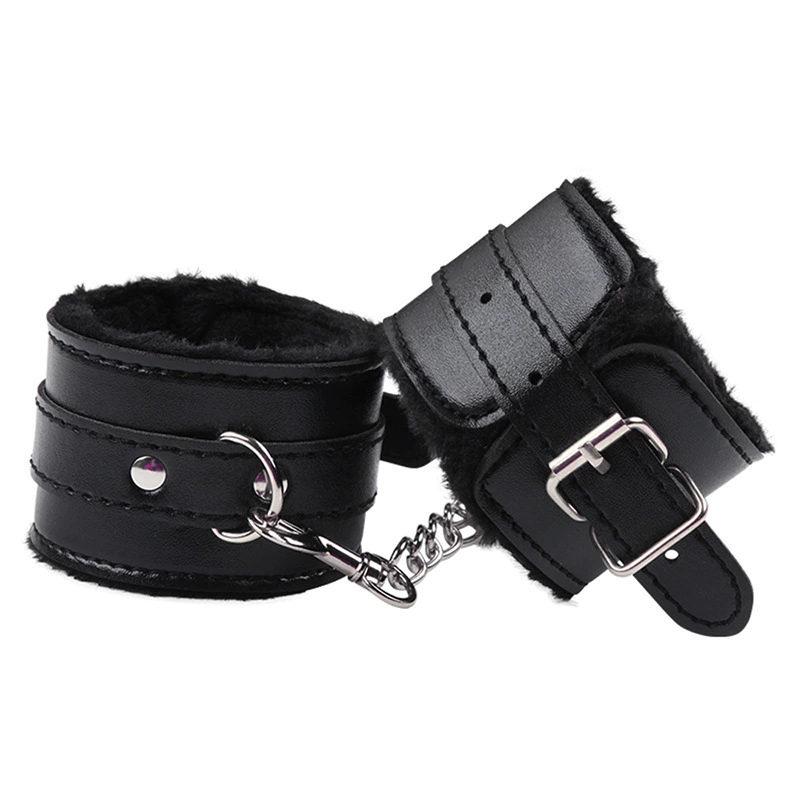 Black plush handcuffs, chain, toy for adults